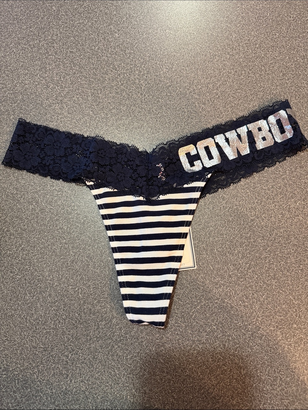 Victoria's Secret Navy and White Striped Lace-Trim Thong with 'COWBOYS' on hip